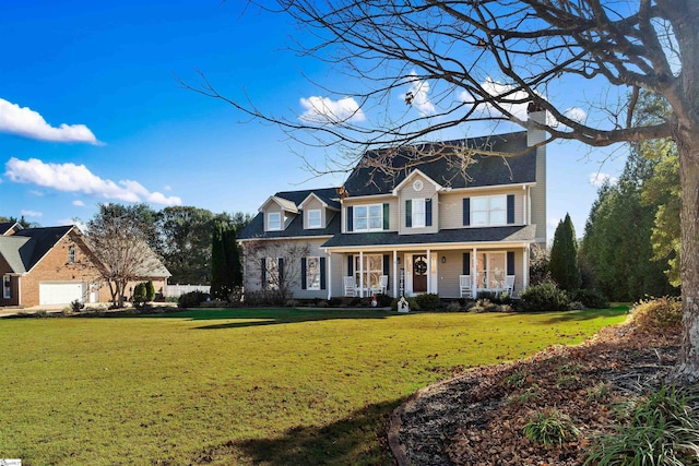 view of front facade featuring a front yard, a porch, and a garage