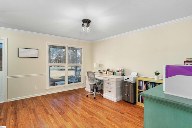 office featuring light wood-type flooring and crown molding