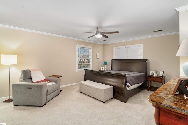 bedroom with ceiling fan, light colored carpet, and ornamental molding