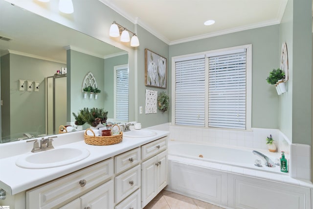 bathroom featuring tile patterned flooring, vanity, ornamental molding, and shower with separate bathtub