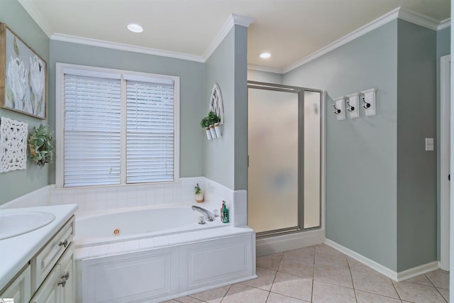 bathroom featuring tile patterned floors, crown molding, vanity, and independent shower and bath