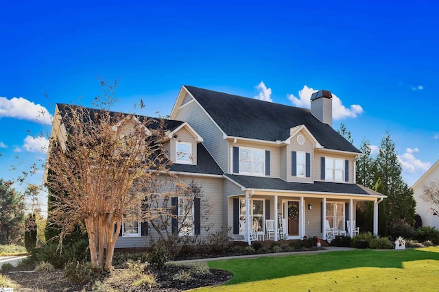 view of front of house with covered porch and a front lawn