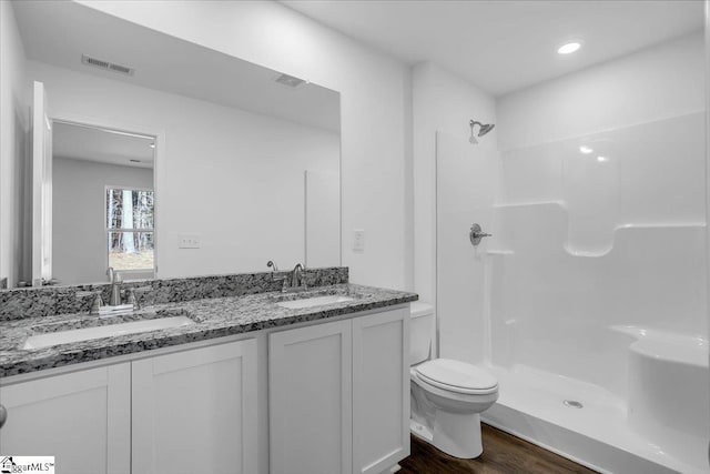 bathroom with vanity, toilet, wood-type flooring, and a shower