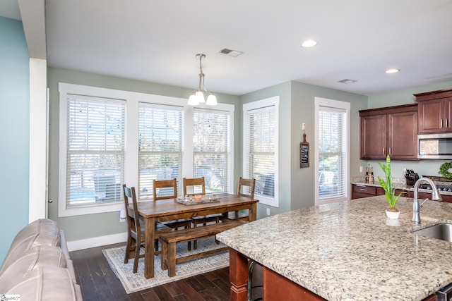 kitchen with pendant lighting, plenty of natural light, dark hardwood / wood-style flooring, and an island with sink