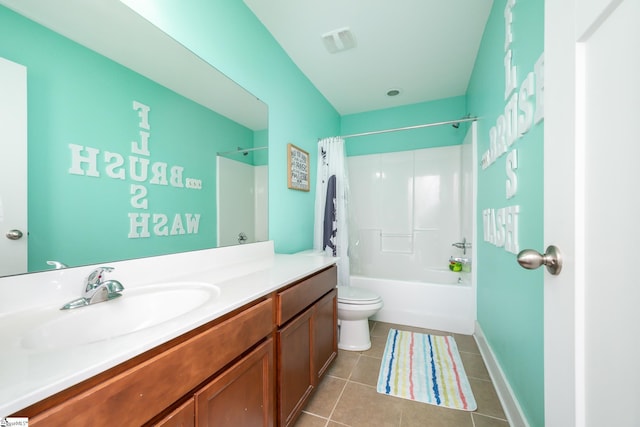 full bathroom with tile patterned flooring, vanity, shower / bath combo, and toilet