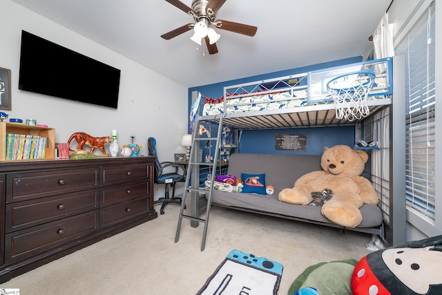 bedroom with ceiling fan and light colored carpet