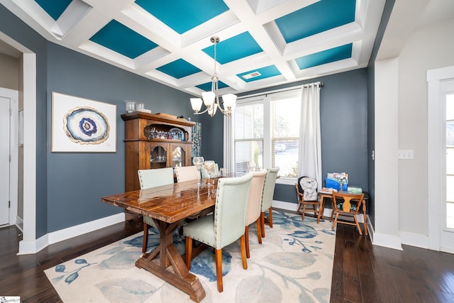 dining room with beamed ceiling, a notable chandelier, dark wood-type flooring, and coffered ceiling