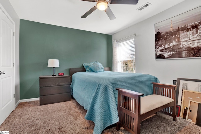 carpeted bedroom with ceiling fan