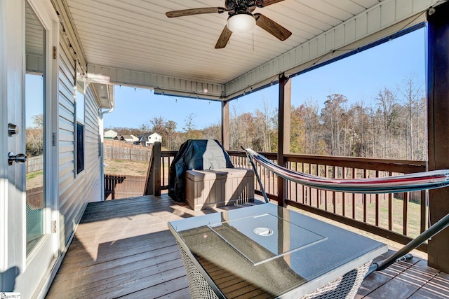 sunroom / solarium featuring ceiling fan and wooden ceiling