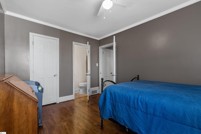 bedroom with dark hardwood / wood-style floors, ceiling fan, ornamental molding, and ensuite bathroom