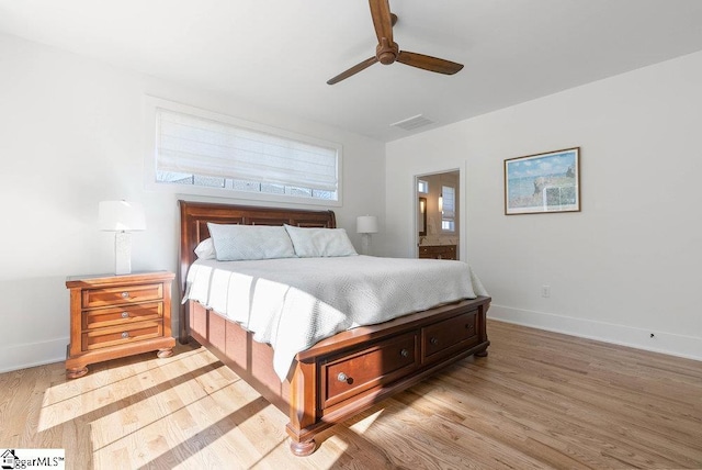 bedroom featuring ceiling fan and light hardwood / wood-style flooring