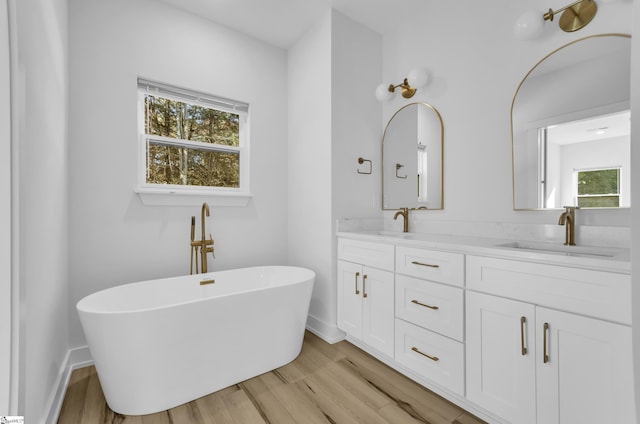 bathroom with a bath, vanity, and hardwood / wood-style flooring