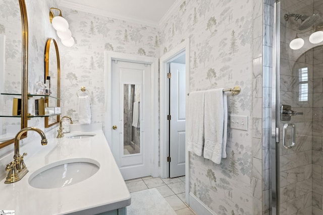 bathroom with tile patterned floors, crown molding, a shower with door, and vanity