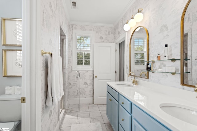 bathroom with walk in shower, toilet, plenty of natural light, and ornamental molding