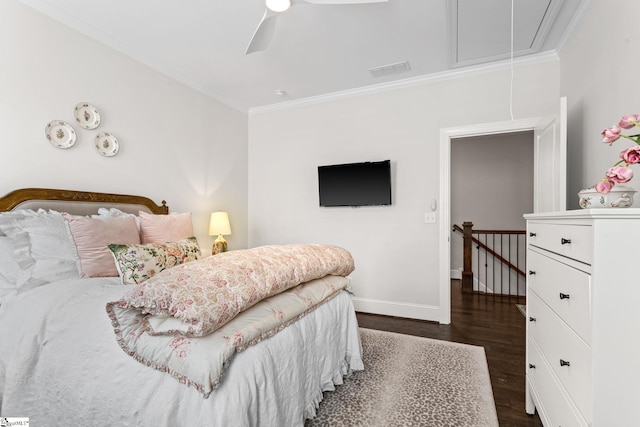 bedroom featuring ceiling fan, dark wood-type flooring, and ornamental molding