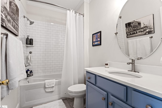 full bathroom featuring vanity, tile patterned floors, toilet, ornamental molding, and shower / tub combo with curtain