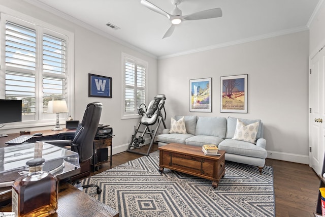 office area featuring ceiling fan, dark wood-type flooring, and ornamental molding