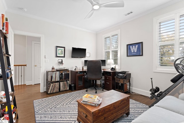 office space with dark hardwood / wood-style floors and a healthy amount of sunlight