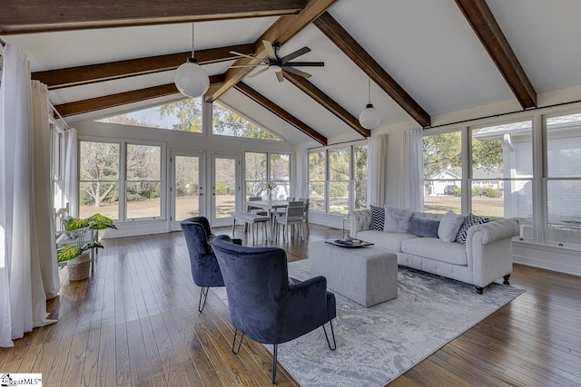 living room featuring ceiling fan, beamed ceiling, dark wood-type flooring, and high vaulted ceiling