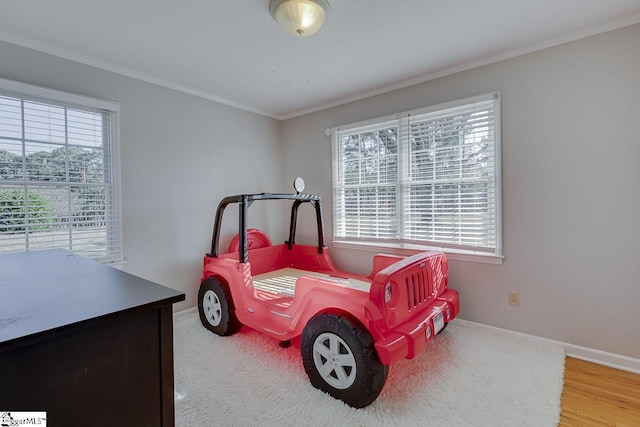 bedroom featuring light hardwood / wood-style floors, multiple windows, and ornamental molding