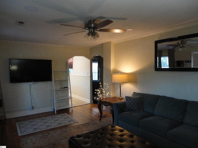 living room featuring a healthy amount of sunlight, wood-type flooring, and crown molding