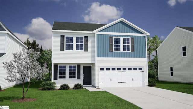 view of front of property featuring a front yard and a garage