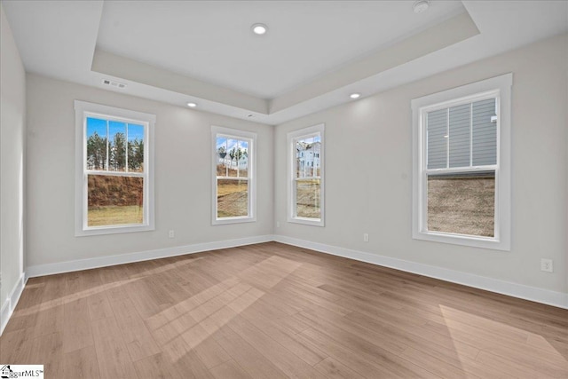 unfurnished room featuring light hardwood / wood-style floors and a raised ceiling