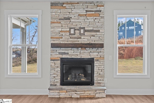 room details featuring a fireplace and wood-type flooring