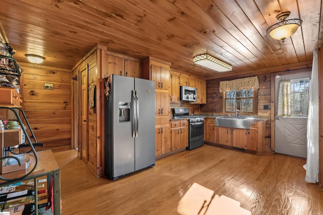 kitchen featuring sink, wooden ceiling, wood walls, appliances with stainless steel finishes, and light wood-type flooring