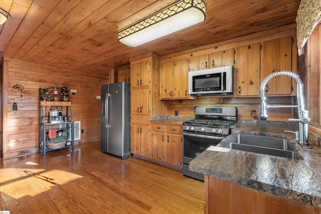 kitchen featuring light wood-type flooring, wood ceiling, stainless steel appliances, sink, and wood walls