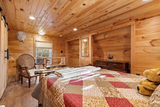 bedroom with wood-type flooring, wooden ceiling, and wooden walls