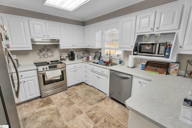 kitchen with stainless steel appliances, white cabinetry, ornamental molding, and sink