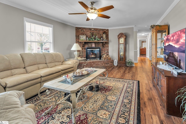 living room with a fireplace, ceiling fan, wood-type flooring, and ornamental molding