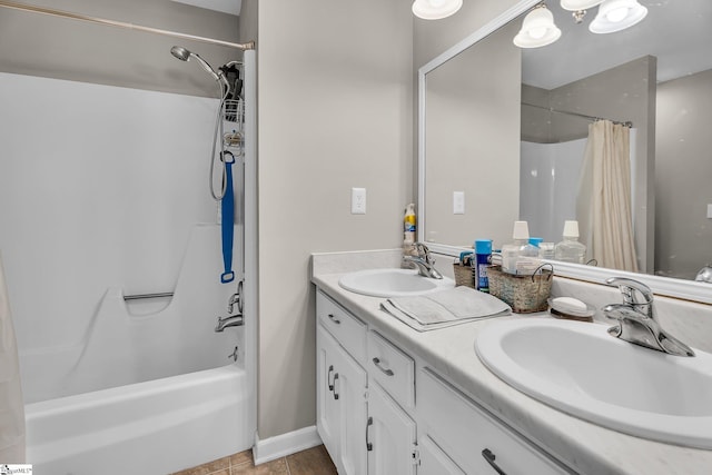 bathroom featuring vanity, tile patterned floors, and shower / bathtub combination with curtain