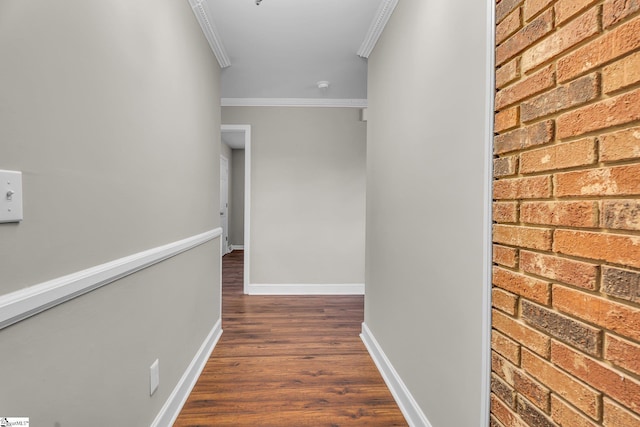 corridor with dark hardwood / wood-style flooring and crown molding