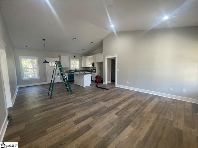 interior space featuring dark hardwood / wood-style floors and lofted ceiling