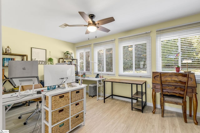 office space featuring ceiling fan and light hardwood / wood-style floors