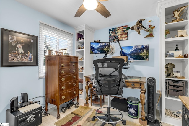 office area featuring ceiling fan and light wood-type flooring