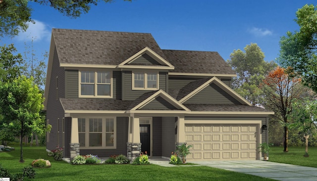 craftsman house featuring a front lawn, a garage, driveway, and a shingled roof