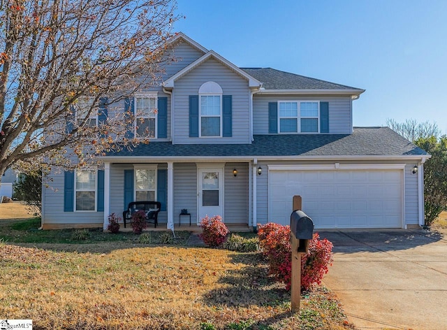 view of property featuring a porch, a garage, and a front lawn