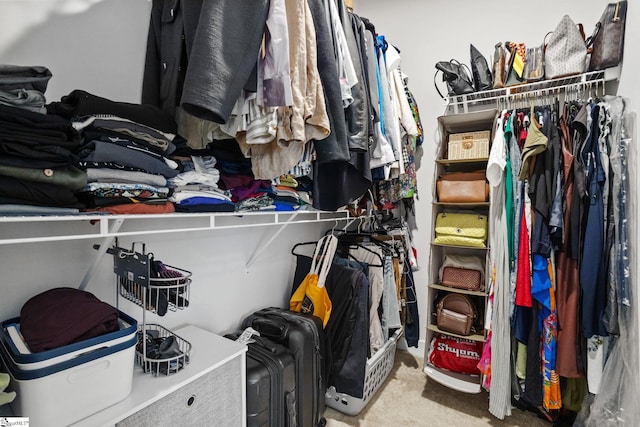 walk in closet with carpet