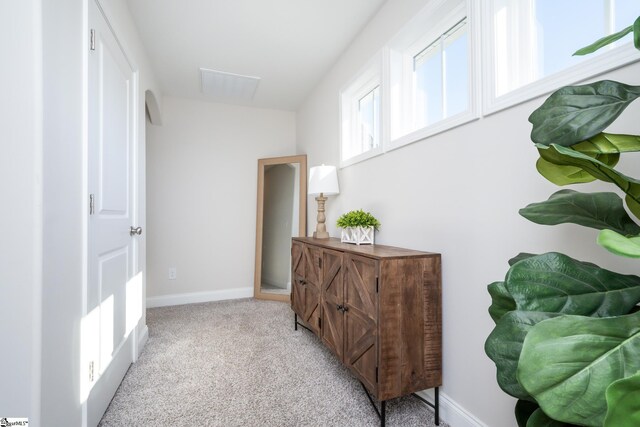 hall with light colored carpet