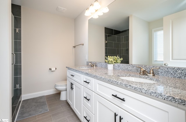 bathroom featuring vanity, toilet, and a shower with door