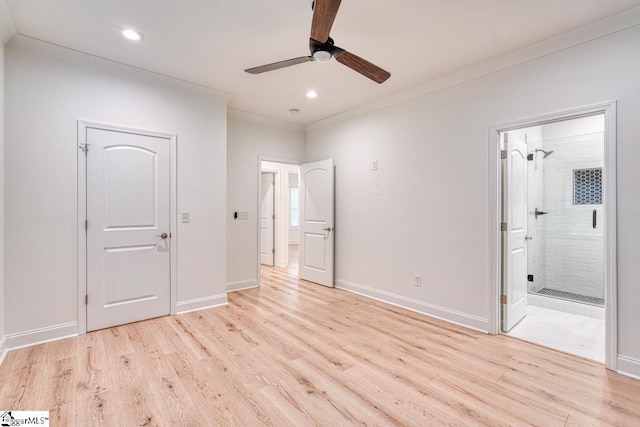 unfurnished bedroom featuring ensuite bath, ceiling fan, light hardwood / wood-style floors, and ornamental molding