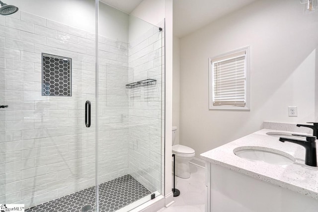 bathroom with vanity, toilet, and a shower with shower door