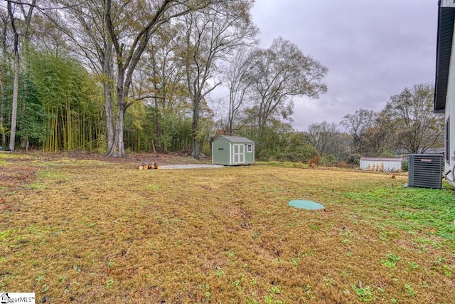 view of yard featuring central air condition unit and a shed