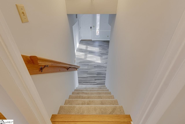 staircase with hardwood / wood-style floors