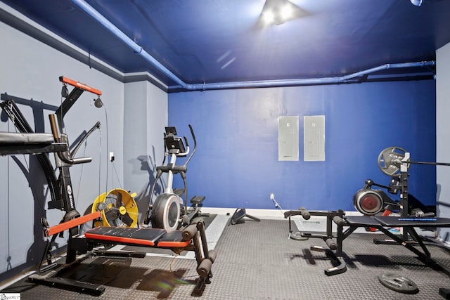 exercise room with carpet floors and electric panel