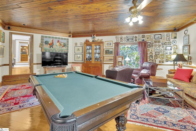 playroom featuring wooden ceiling, billiards, hardwood / wood-style flooring, ceiling fan, and ornamental molding