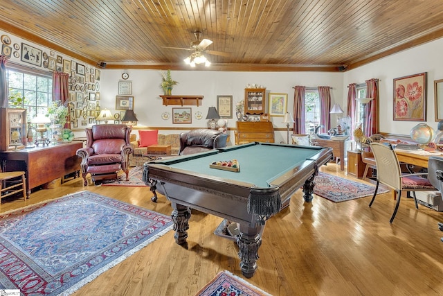 rec room with a healthy amount of sunlight, wooden ceiling, billiards, and light hardwood / wood-style flooring